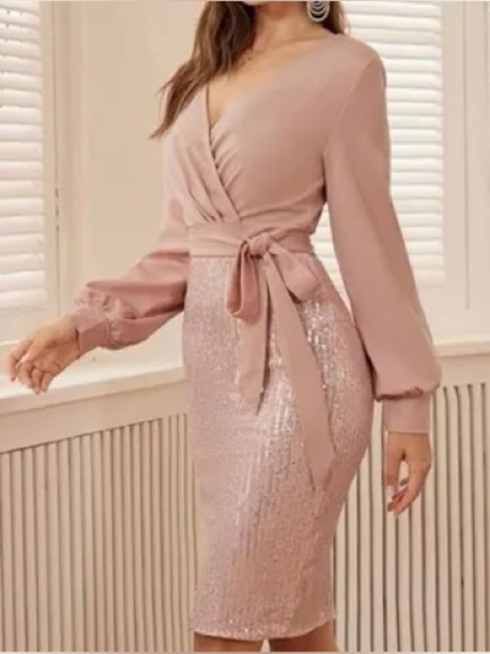 Grace Karin Rose Pink Long Sleeve Sequin Wrap Dress